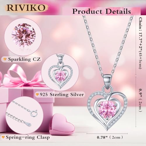 RIVIKO Heart Birthstone Pendant Necklace for Women 925 Sterling Silver Zirconia Necklaces Wedding Anniversary Birthday Mothers Day Jewelry Gifts For Her Mother Wife - Image 5