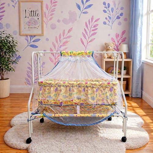 Image of Kiddery Diana | Cradle for Baby | New Improved Mattress Design | Mosquito Protection Net | Smooth Swing | All Wheel Lock | Palna | Jhula | Uyyala| 0-10 Months | Yellow