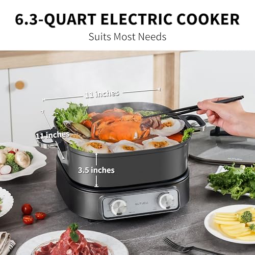 Image of 6-Quart Electric Skillet with Grill | Non-Stick PFOA-Free Ceramic-Coated Pot, 1600W, Timer & 3 Power Settings for Steak, Egg, Ramen (Includes Tongs) Pot & Grill