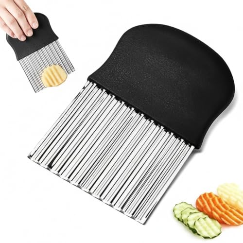 Image of Stainless Steel Crinkle Cutter - Wavy Blade Chip Slicer - Potato Chipper for French Fries, Vegetables & Fruit - Crinkle Cut Spiral Cutter Kitchen Tool