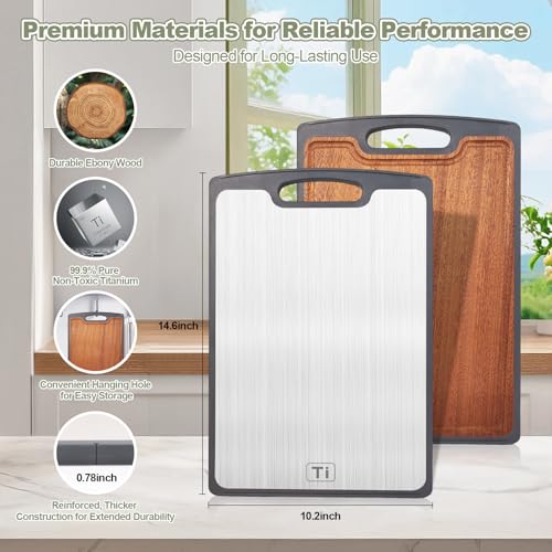 Tablas de Cortar Titanium para Cocina, Tabla de Corte Doble Cara de Madera 2 en 1 con Ranura para Jugo, GR1 Titanium de Calidad Alimentaria y Ébano, Fácil de Limpiar y Apta para Lavavajillas para Carne y Verduras miniatura 4