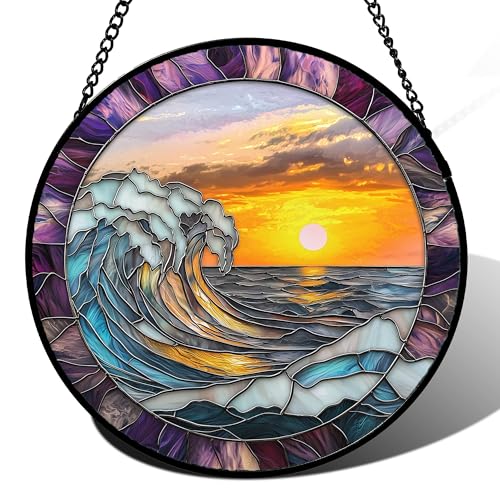 JOSUMALY Stained Glass Window Hanging - Orange-Red Sunrise with Big Waves Suncatcher for Door Terrace Garden Home Decor, Purple Sun Catcher Birthday Gifts for Lovers Women Men Dad Mom Nana 15 in