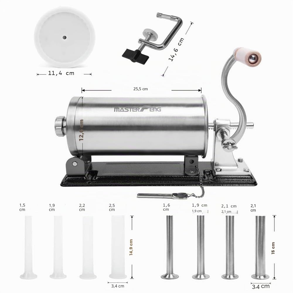 Machine horizontale à saucisses en acier inoxydable emballée avec 8 entonnoirs à farce et 1 piston en silicone, capacité de 2,7 kg