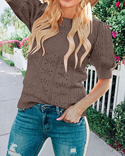 MEROKEETY Women's 2025 Spring Puff Short Sleeve Sweater Tops Crew Neck Crochet Knit Soft Pullover Shirt3