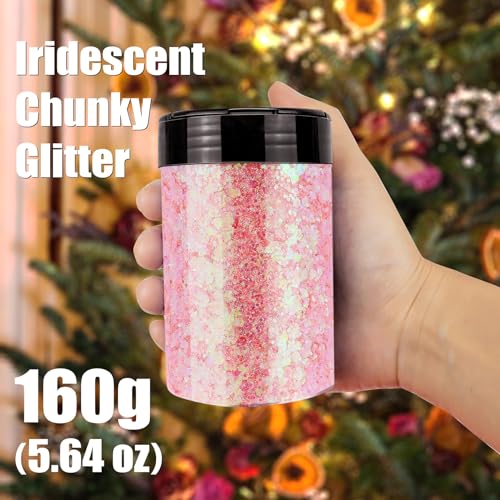 Iridescent Chunky Glitter 5.64oz/160g, Ultra Fine Glitter Powder Mixed Chunky PET Flakes Sequins for Resin Epoxy Craft Arts, Tumbler, Cosmetic Glitter for Body Nail Hair Eye Party Festival (Baby Pink) - Thumbnail 3
