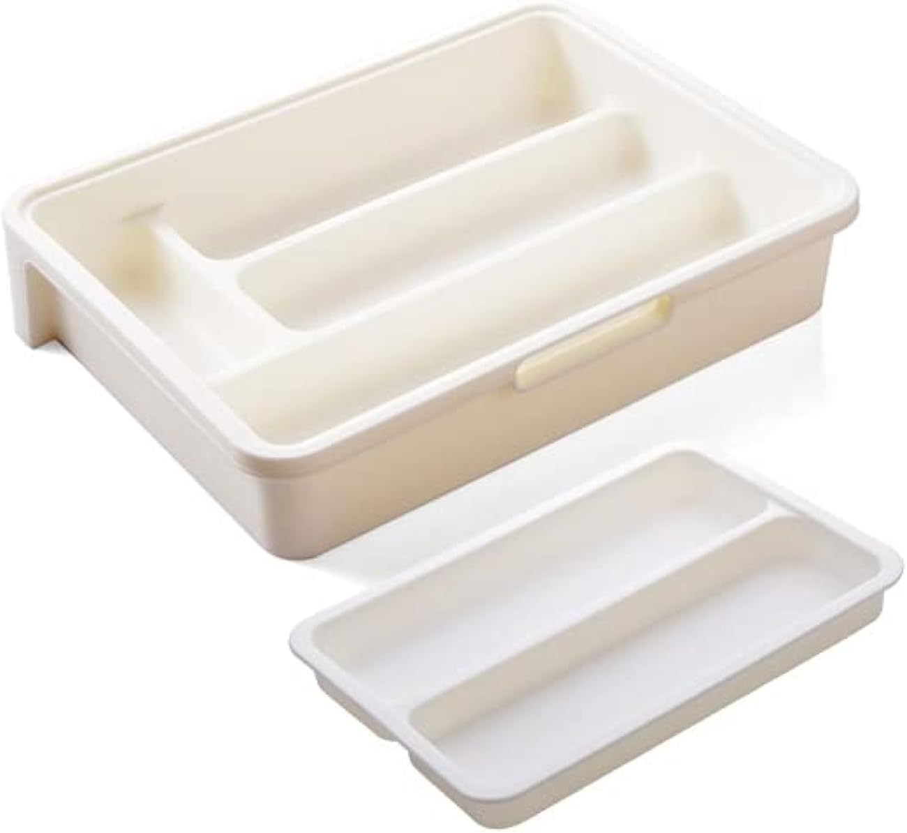 HornTide 3-in-1 Cutlery Tray, Expandable Utensils Holder, Plastic Kitchen Drawer Organizer for Silverware Storage and More - White