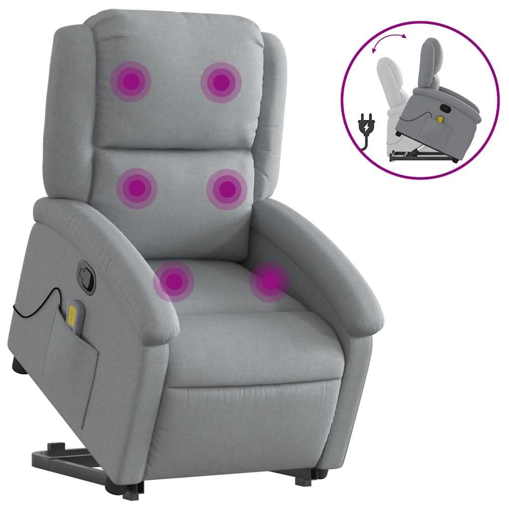 Poltrona massaggiante con ausilio per alzarsi, tessuto grigio chiaro, elettrica, massaggio vibrante a 6 punti, funzione leggio manuale, comoda seduta per soggiorno, camera da letto