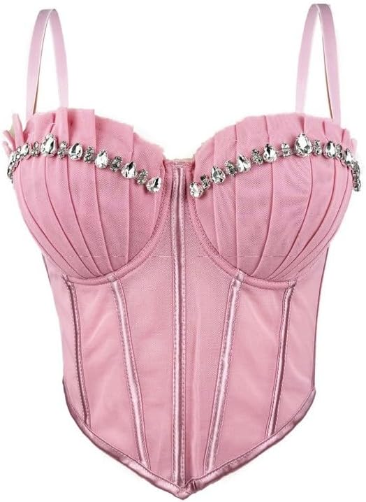 JSEIAJB Women's Rhinestone Pleated Small Camisole Fashionable Personality Outerwear Bra Street Shooting Tight Top