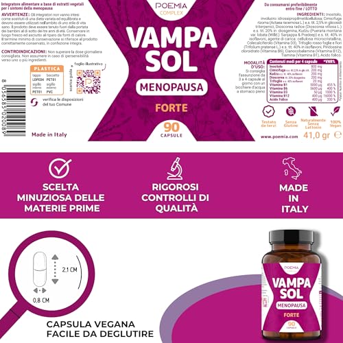 Integratore Menopausa Completo per Vampate di Calore Vegano Inositolo Alto Dosaggio 90 Capsule Regolarizza Umore Sudorazione Cimicifuga Trifoglio Rosso Dioscorea VAMPASOL Poemia - 9