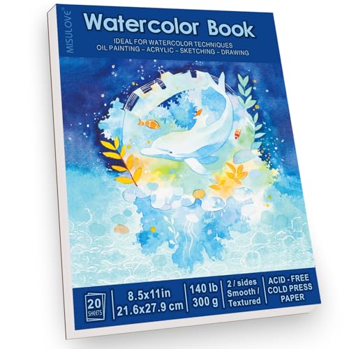 MISULOVE Watercolor Paper Pad, 8.5x11 Inch, 140lb/300gsm, 20 Sheets Artist Painting Drawing Paper Book for Watercolor, Art Journaling, Sketchbook, Art Supplies for Adults, Kids, Beginners