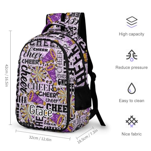 Cheer Cheerleader Backpack Cheerleading BookBag Custom with Padded Bag Name Cheer Team Spirit Gym Bag for Girls Teens, Water-Resistant School Backpack(Purple Yellow)3