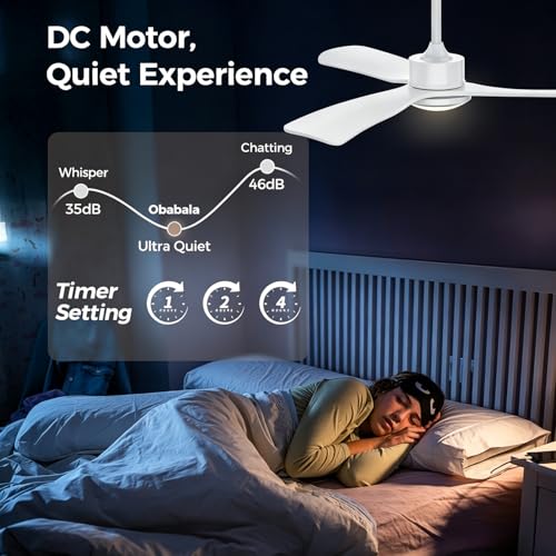 Image of Obabala 52 Inch Ceiling Fan with Light and Remote,Solid Wood Blades, DC Motor Quiet 35dB, Dimmable LED Reversible for Bedroom Living Room Indoor Outdoor, 6 Speed Timer Downrod