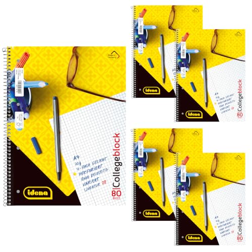 Idena 90367-5 Stück Collegeblock A4 mit 80 Blatt kariert und Doppelrand Block mit Spiralbindung 70g/m Papier 4-fach gelocht und perforiert