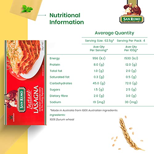 Image of San Remo Instant Lasagna Pasta- 250gms | Durum Wheat Semolina | No Maida | 100% Australian ingredients | Rectangular Lasagna Sheets | No Boil, Ready-to-Cook Pasta | Vegan-Friendly