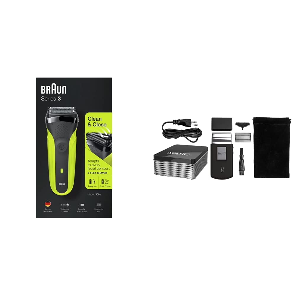 Braun Afeitadora eléctrica serie 3 300S con 3 cuchillas flexibles, negro/verde eléctrico & WAHL Travel Shaver afeitadora para hombres, eléctrica, en maleta de mano, Color Negro