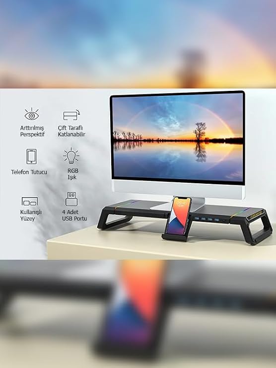 Masaüstü Stand Yükseltici Katlanabilir RGB Çekmeceli Monitör Standı