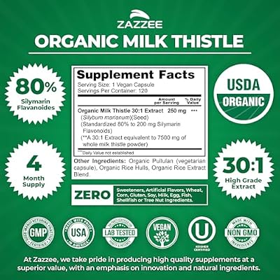 Zazzee USDA Organic Milk Thistle 30:1 Extract, 80% Silymarin, 120 Vegan Capsules, 4 Month Supply, Certified Kosher, High Potency Liver & Antioxidant Support, Silybum Marianum, Non-GMO, Made in the USA