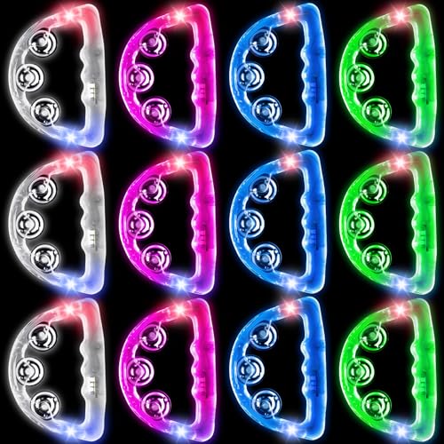 12 Pack LED Light Up Tambourines LED Tambourine for Adults Kids Musical Flashing Tambourine Glow in The Dark Tambourines Handheld Percussion Instrument for Wedding Party