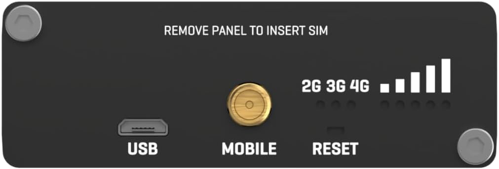 Close-up of Teltonika TRB140 USB, Mobile, Reset, and SIM card access