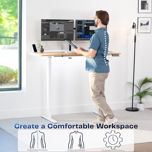 Image of VIVO Real Bamboo 60 x 24 in Standing Desk, DESK-KIT-1W6O | Electric, Holds 220 lbs, Sit Stand, Height Adjustable, Solid One-Piece Table Top, Memory Presets, 1B Series, White Frame