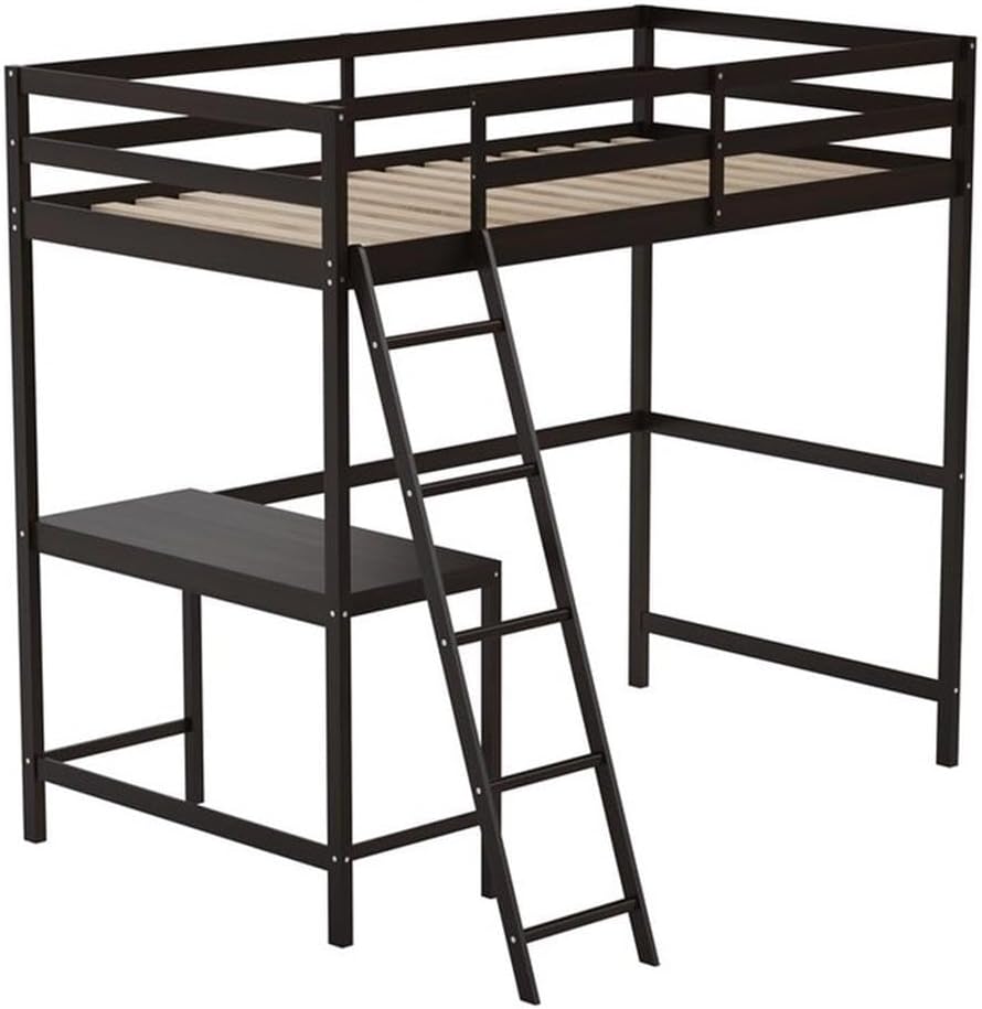 Pemberly Row Twin Wood Slat Loft Bed with Desk and Ladder, Espresso Finish, 78.75" W x 42.5" D x 69.25" H, Space-Saving Design, Dual Guardrails, Fits 6-8" Mattresses, Kids or Teens Bedroom Furniture