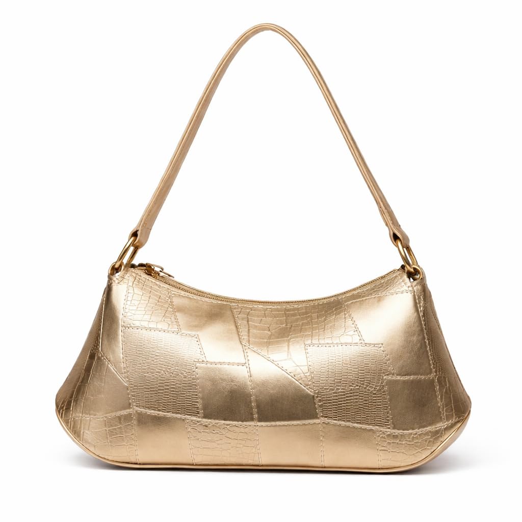 bagisa Women’s Metallic Shoulder Bag – Croc-Embossed Patchwork Leather Look Handbag with Zipper Closure, Trendy Underarm Purse.-picture-50