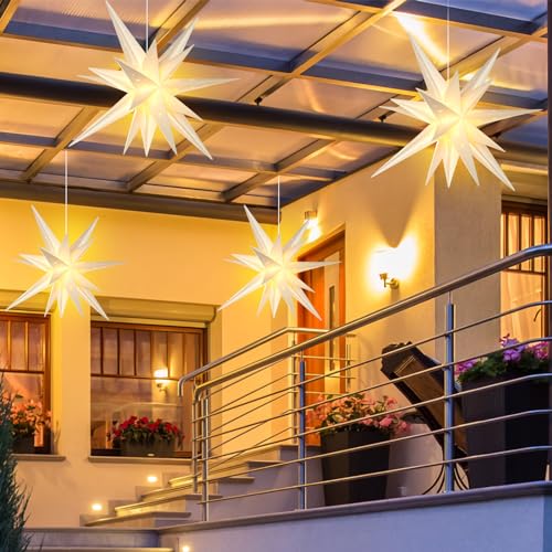 Image of SUNBEAUTY 21 Inches White Large Moravian Stars Outdoor Light Warm White LED Hanging Star Lights 3D Christmas Tree Topper Star for Holiday Wedding Birthday Porch Party Decor