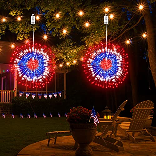 [ Timer & 8 Flash Modes ]2 Pack Patriotic Firework Lights 4Th Of July Decoration Red White Blue 240 Led Copper Wire Starburst String Fairy Lights Battery Operated For Independence Day, Memorial Day #TOP5