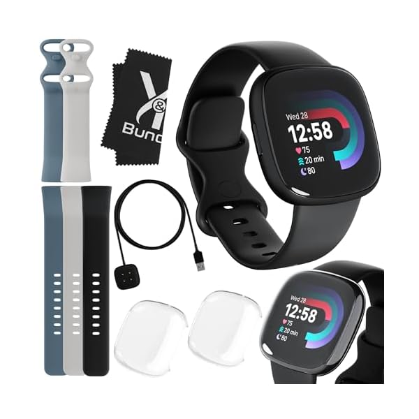 Fitbit Versa 4 Health and Fitness Smart Watch (Black) with GPS, 6 Day Battery Life, S & L Bands - Bundle with Blue and White Fitbit Versa 4 Bands for Women and Men, 2 Screen Protectors, Charger, Cloth