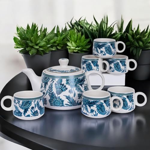 Image of CRAF10 Handcrafted Ceramic Stylo Blue Teapot Cup Set - 1 Kettle (1 Litre) & 6 Cups (160 ML), Microwave & Dishwasher Safe | Morning Set | Tea Sets with Kettle for Gifting