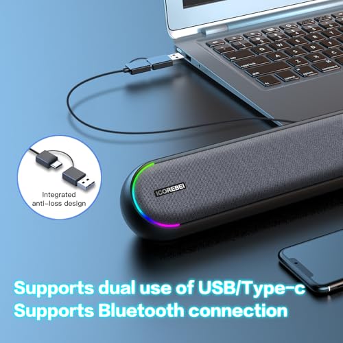 Altavoces de computadora barra de sonido Bluetooth 5.3 con cable USB tipo C para Mac y monitores 4