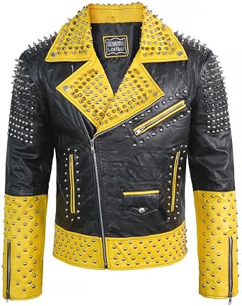 Mens Multicolor Motorcycle Genuine Leather Spiked Jacket Rockstar Rock Punk Brando Biker Studded Leather Jacket