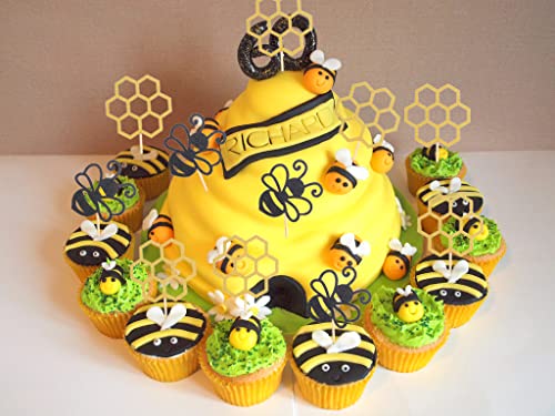 48 Pcs Bumble Bee Cupcake Toppers - Black Glitter Bee Gold Glitter Honeycomb Baby Gender Reveal Cupcake Topper, Bee Themed Party/Baby Shower/Baby Birthday Party Cupcake Decorations Supplies (Gold Bee Honeycomb) #TOP6