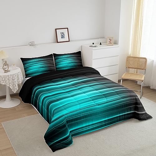 Image of Feelyou Teel Green Abstract Ombre Comforter Set Twin Size, Teel Green and Black Bedding Set Geometric Abstract Ombre Comforter Stripes Duvet Set Lightweight Quilt Set