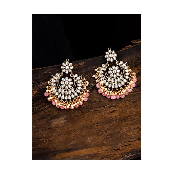 Zaveri Pearls Gold Tone Traditional Kundan & Pink Beads Chandbali Earring For Women-ZPFK8663 - Image 5