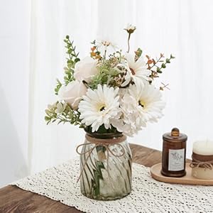 Fake flowers artificial flowers roses daisies with vase faux silk flowers eucalyptus fake plant decor for home office bathroom farmhouse kitchen dining table decor  urban country home decor