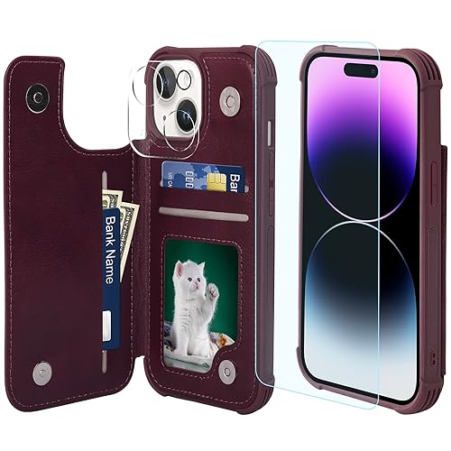 Étui portefeuille iPhone 15 en cuir bordeaux VANAVAGY antichoc à rabat avec porte-cartes
