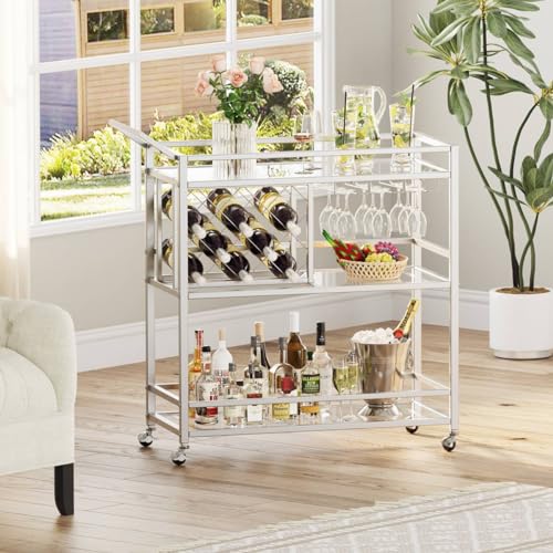 Image of FATORRI Bar Cart Silver, Bar Carts for The Home, Home Bar Serving Carts for Liquor, Rolling Wine Cart with 3 Tier Mirrored Shelves on Wheels for Alcohol and Beverage (Silver)