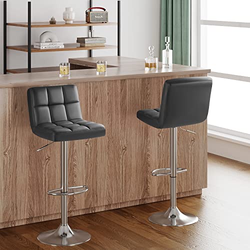 Image of Furmax Bar Stools Modern Pu Leather Swivel Adjustable Hydraulic Bar Stool Square Counter Height Stool Set of 2 (Gray)