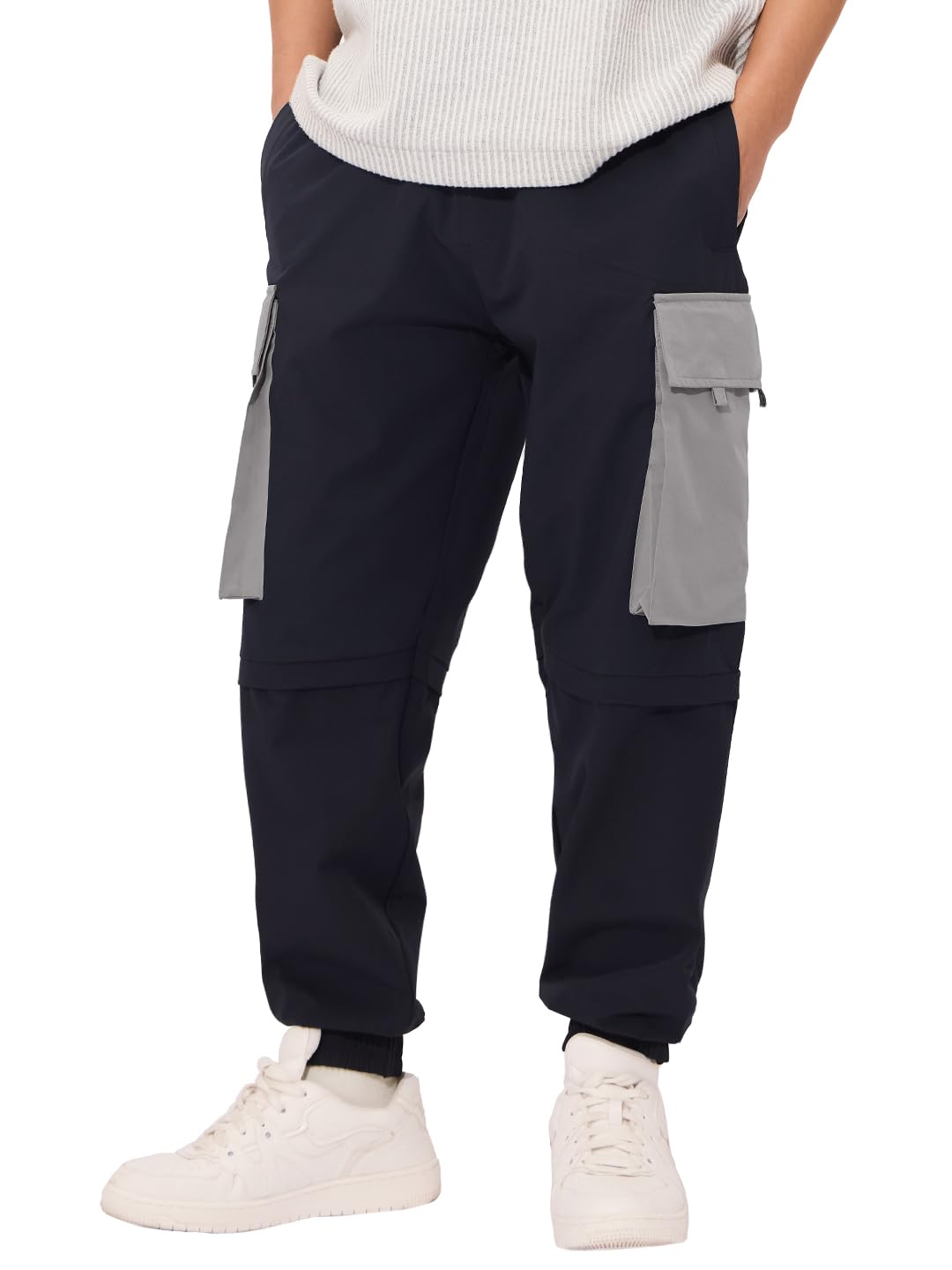 the souled store Solids: Navy Blue and Grey Men and Boys Drawstringed Baggy Fit Cargo Joggers-picture-13
