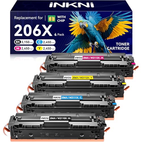 Image of InkNI 206X Toner Cartridges 4 Pack - with Chip Compatible Replacement for HP 206X 206A for Color LaserJet Pro MFP M283fdw M283cdw M283fdn M282nw Pro M255dw M255nw Ink Cartridges W2110X W2110A