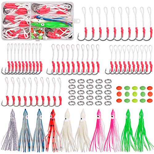 Shaddock Fishing Assist Hook Set – 100Pcs Pe Line With Hook Red Jigs Hook Butterfly Multicolor Octopus Squid Skirts Split Ring Luminous Bead Tackle Kit #TOP6