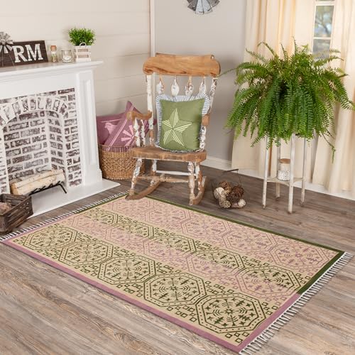 Alfombra cuadrada bohemia CASAVANI de tejido plano de algodón en verde y beige para dormitorio 3