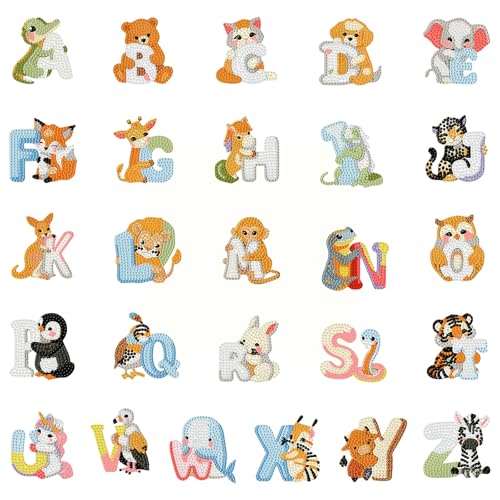 Aestalrcus 26 Pcs Animal Diamond Art Kits for Kids, Diamond Art Stickers for Kids, 5D Gem Stickers Round Drills Decor for Laptop Phone Case Home