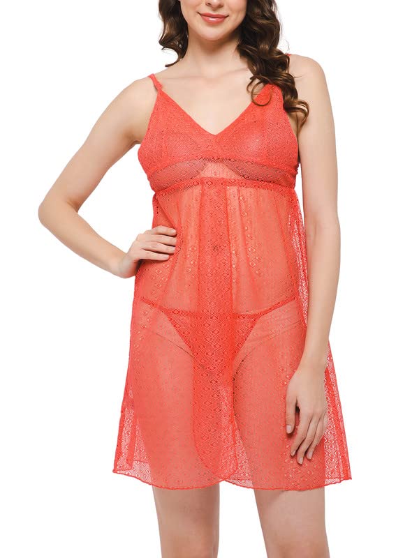 Image of Clovia Women's Lace Chic Basic Semi-Sheer Knee Length Baby Doll with Matching G-String