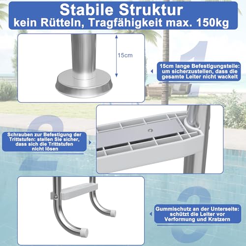 Miniatura 5 de Xmtech Escalera De Piscina De Acero Inoxidable, 4 Peldaños, Incluye Material De Montaje Y Anclaje De Plástico, Con Almohadillas Antideslizantes, Escalera De Montaje Y Escalera De Entrada Plateada