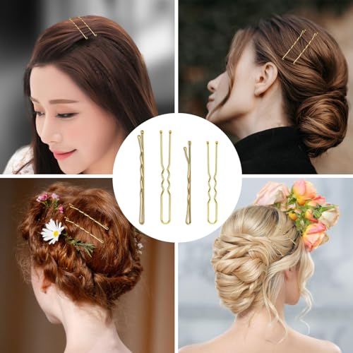 Xynovate Haarnadeln Bobby Pins Set(5-7cm), Metal Haarklammern Damen Hair Accessories, Kinderhaarspangen, French U-Haarklammern, Haargummis in Einer Aufbewahrungsbox(Gold)