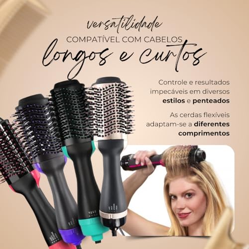Escova Secadora e Modeladora 2 em 1 – Alisa, Seca e Modela Cabelo, 3 Níveis de Temperatura e Velocid