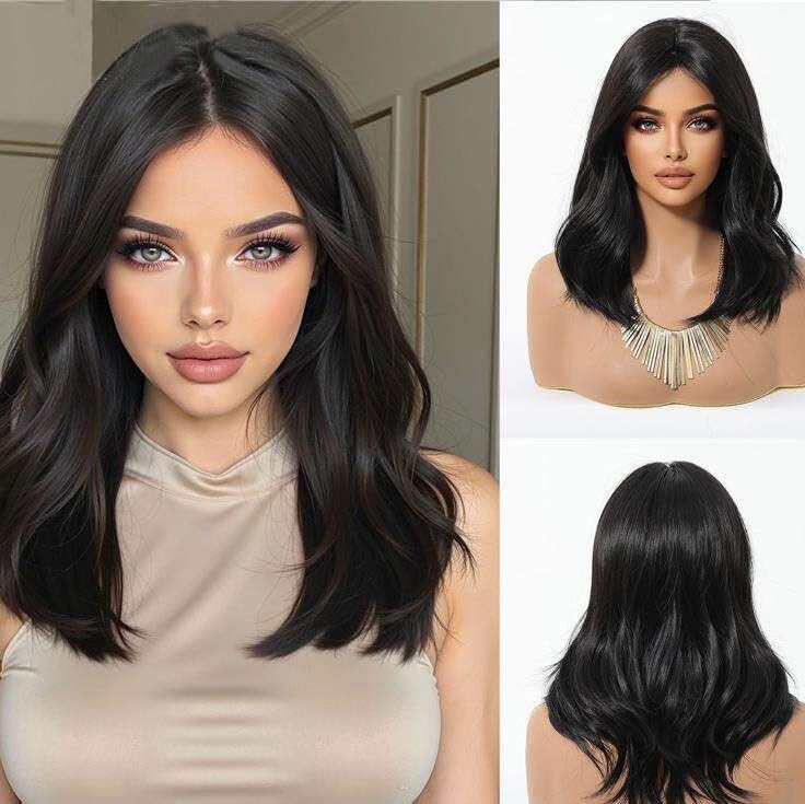 Perruque frange soignée cheveux courts bouclés noirs style tendance