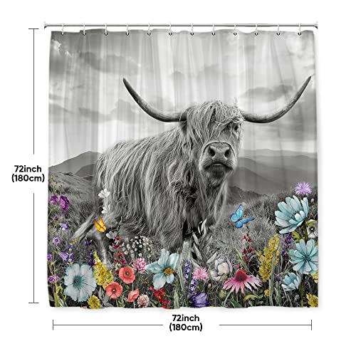 Onecmore Farmhouse Highland Cow Shower Curtain Western Funny Cute Cow Bull Farm Animal Country Teal Floral Flower Butterfly For Home Bathroom Decor Fabric Polyester Bathtub With Hooks Durable 72"X72" #TOP1